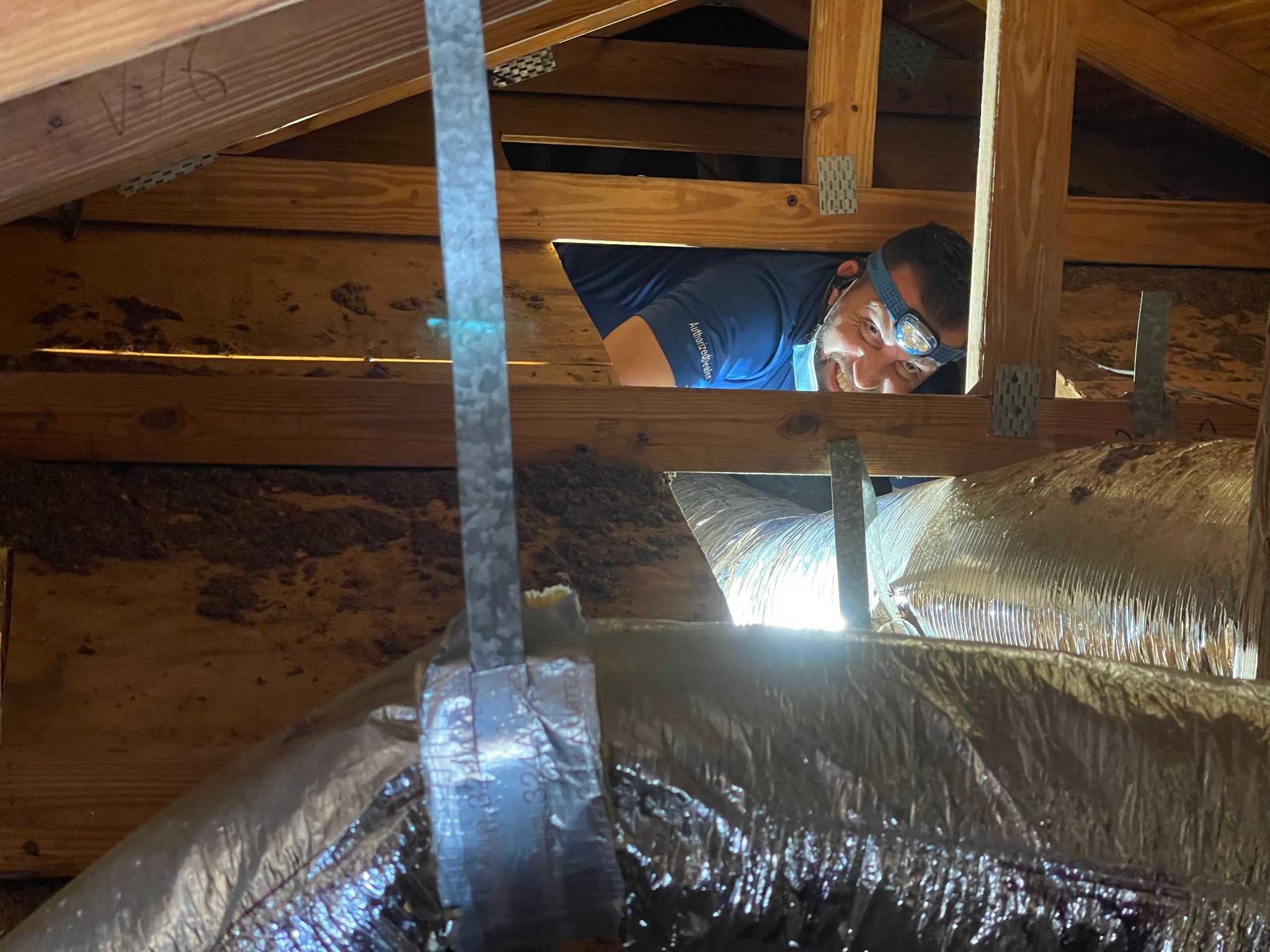 Technician working in attic on low-voltage infrastructure